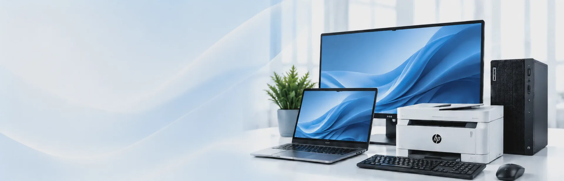 Desktop monitor, laptop, printer, PC tower, keyboard, mouse and a small plant on a bright white desk